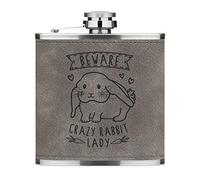 Beware Crazy Rabbit Lady 6oz PU Leather Hip Flask Grey Luxe