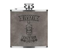 Beware Crazy Rum Lady 6oz PU Leather Hip Flask Grey Luxe