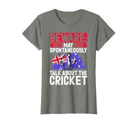 Beware May Spontaneously Talk About the Cricket Australian T-Shirt, Women, Olive Heather, Medium