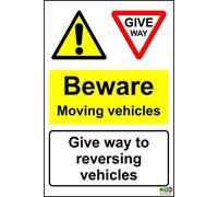 Beware Moving Vehicles give Way to reversing Vehicles Sign - 1.2mm Rigid Plastic 300mm x 200mm