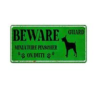 Beware Of Dog Signs Beware Miniature Pinscher On Duty Aluminum Metal Sign Customized Dog Lover Gift Vintage Paw Print Wall Art Novelty Wall Decor for Front Door Porch Yard Garden Decoration 12x6in