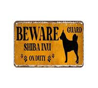 Beware Of Dog Signs Beware Shiba Inu On Duty Metal Sign Personalised Dog Lover Gift Vintage Rustic Paw Print Wall Art Novelty Wall Sign for Front Door Porch Yard Garden Decoration 8x12 inch