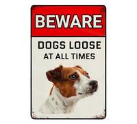 Beware Of Dogs Loose At All Time Sign Jack Russell Warning Sign Aluminum Metal Tin Signs Outdoor Yard Sign Warning Sign For Fence Yard Home Kitchen Farm Garden Wall Decor 8x12 Inch