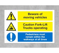 Beware of moving vehicles caution forklift trucks operating safety sign - Self adhesive sticker (200mm x 150mm)