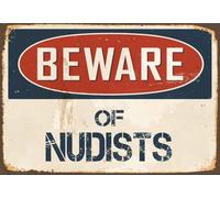 Beware of Nudists Vintage Metal Signs for Wall Decor - 8 x 10 Inches Durable Aluminum Tin Sign Plaque for Home Garage Club bar Wall Art Decoration - Retro Wall Signs, Best Gift Idea