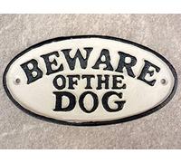 Beware Of The Dog Sign Traditional Style Cast Iron Hand Painted Cream Black Wall Mounting Gate Fence Plaque
