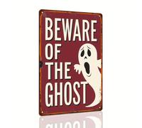 Beware of the Ghost Halloween Metal Tin Sign Vintage Rustic Wall Decor for Halloween Parties Haunted Houses Man Caves and Entryways Decorative Signs Metal Poster 8x12 Inch