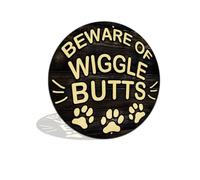 Beware of The Wiggle Butts Metal Tin Retro Sign for Dog Lover Front Door Garden Yard 8x8 Inch Round Aluminum Wall Decor (2597)