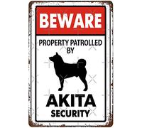Beware Property Patrolled By Akita Security Fun Akita Warning Caution Notice Metal Signs Vintage Garage Home Bathroom Bedroom Office Man Cave Wall Decoration 12x16inch