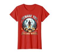 Beware The Hollow Night Scarecrow Horror Scene T-Shirt, Women, Red, X-Small