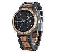 Bewell Men's Wood Watch Quartz Zebrawood and Ebony Wooden Watches with All Wood Strap