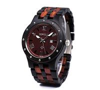 Bewell Men's Wooden Watches Handmade Date Display Analog Quartz Luminous Wristwatch, Ebony and Red Sandalwood, M, Quartz Movement