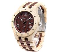 Bewell Men's Wooden Watches Handmade Date Display Analog Quartz Luminous Wristwatch, Maple and Red Sandalwood, M, Quartz Movement