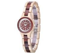 Bewell Small Dial Wooden Bangle Dress Watch Adjustable Round Quartz Wristwatches for Women (Beige and Red)