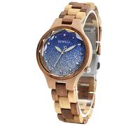 BEWELL Women Wood Watch, Handcrafted Colorful Quartz Wooden Wristwatches with Starry Sky Dial, Blue, Women Standard