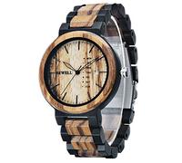 BEWELL Wood Watches for Men Week & Date Quartz Mens Wooden Watch, Ebony and Zebrawood(Brown Face), Quartz Movement