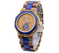 BEWELL Wooden Watch for Men,Casual Mixed Color Wood Watches Mens, Black Walnut and Blue, Retro-Modern