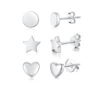 Bewenda Small Studs Earrings for Women Girls, 3 Pairs 925 Sterling Silver Stud Earrings Set, 5mm Tiny Simple Flat Round Star Love Stud Earrings, Hypoallergenic Sleeper Cartilage Earrings with Gift Box