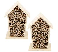 Bewinner 2PCS Wooden Bee House for Garden - House Bee Hotel with Logs & Reed Materials - Pollinator Shelter for Native Bees, Outdoor Wall Mount or Hanging Box