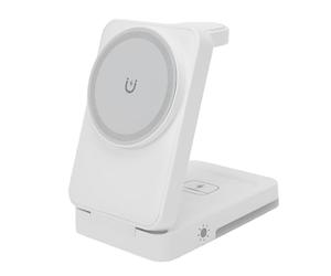 Bewinner 3 in 1 Wireless Charging Dock, Foldable Magnetic Fast Charging Station with 15W Max Output, Portable Travel Charger Stand for Phone Watch Earbuds, Type C Base (White)