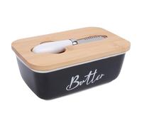Bewinner Butter Dish with Lid, 500ml Ceramic Butter Keeper Container with Cutter, Multifunctional Rectangle Crock for Kitchen Countertop or Refrigerator (Black)