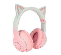 Bewinner Cute Cat Ear Gaming Headphones, LED Lights 3.5mm Wired Wireless BT Foldable Gaming Headset for PC, Laptop Headset with Noise Canceling Microphone for Gift, Game (Pink)