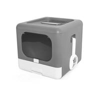 Bewinner Portable Foldable Large Cat Litter Box with Lid, Fully Enclosed Front Entry Top Exit Cat Potty Toilet with Hollow Out Pedal & Scoop, Large Space for Cats Under 16.5lbs, Easy (Grey)