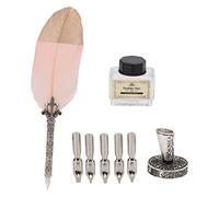 Bewinner Retro Calligraphy Pen Set, Writing Quill Dip Pen with 5 Nibs, Base & Empty Ink Bottle for Wedding, Signature, Gift (SP172036 gold head dirty powder)