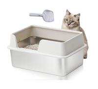 Bewinner Stainless Steel Cat Litter Tray 19.7 x 13.8 x 9.8 Inches - Open Top High Side Large Litter Pan with Scoop - Non-Stick Smooth Surface Cat Litter Tray for Cats and Rabbits