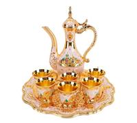 Bewinner Vintage Turkish Tea Set with Tray and 6 Cups, Castle-Inspired Zinc Alloy Coffee Pot & Wine Service Set for Home Decor (Gold White)