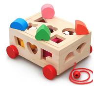 Bewinner Wooden Trolley Toy for Babies 0-3 Years, 15 Holes Shape Sorter Intelligence Box with Pull String, Educational Walking & Learning Toy Gift