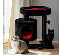 BEWISHOME Gothic Cat Tree With Coffin Bed, Goth Tower, Condo, Scratching Post, Spider Hanging Ball - Black Red Halloween Kitten Pet Furniture MMJ93R