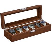 BEWISHOME Watch Box, 6 Slot Watch Cases for Men Watch Holder, Leather Watch Display Case with Large Glass Lid, Watch Storage with Soft Pillow, Brown SSH13Z
