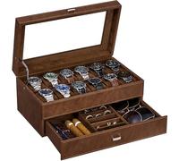 BEWISHOME Watch Box for Men Luxury Watch Organizer Faux Leather Watch Case with Jewelry Drawer, Real Glass Top, Metal Hinge, Brown SSH12Z