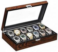 BEWISHOME Watch Box Organizer 12 Watch Case for Men Luxury Watch Display Case with Large Glass Window, Ultra Smooth Faux Leather Interior, Brown SSH12Y