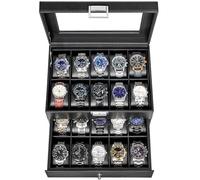BEWISHOME Watch Box Organizer 20 Slots Watch Case Men Display Storage Case Metal Hinge Carbon Fiber Design Glass Top Large Holder Black SSH04C
