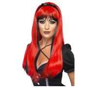 Bewitching Red And Black Long Halloween Fancy Dress Costume Wig With Fringe