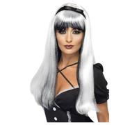 Smiffy's Bewitching Wig – White & Black, Long with Fringe – Halloween Fancy Dress