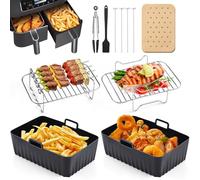 BEWOS 11 PCS Air Fryer Accessories, 2*7.6L-9.5L, Reusable Air Fryer Liner for Dual Ninja Air Fryer Accessories AF300UK AF400UK, Including Silicone Liners, Grilling Rack, Oil Brush, Tong, Paper Liners
