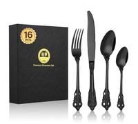 BEWOS 16 Piece Black Palace Cutlery Set, Premium Stainless Steel Cutlery, Embossed Design Handles, Family and Banquet Knife and Fork Sets, Stunning Polished & Gift Wrapped, Dishwasher Safe