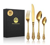 BEWOS 16 Piece Gold Palace Cutlery Set, Premium Stainless Steel Cutlery, Embossed Design Handles, Family and Banquet Knife and Fork Sets, Stunning Polished & Gift Wrapped, Dishwasher Safe