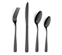 BEWOS 32 Pcs Stainless Steel Cutlery Set for 8 People - Black Cutlery with Ergonomic Handle, Black Knife and Fork Sets Ideal for Family Dining, Camping, Mirror Polished & Dishwasher Safe