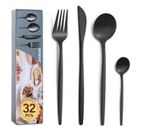 BEWOS 32 Piece Black Cutlery Set for 8, Cutlery Includes Forks, Steak Knives and Spoons, Dishwasher Safe Tableware for Home Restaurants, Knife and Fork Sets Food-Grade Stainless Steel