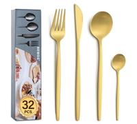 BEWOS 32 Piece Gold Cutlery Set for 8, Cutlery Includes Forks, Steak Knives and Spoons, Dishwasher Safe Tableware for Home Restaurants, Knife and Fork Sets Food-Grade Stainless Steel