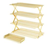 BEWOS 4 Tier Collapsible Cooling Rack - Adjustable Stainless Steel Baking Rack with Mesh Leak Proof，Foldable X-Shaped Structure Cooling Racks for Cooking and Baking, Dishwasher Safe（Gold）