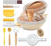 BEWOS Sourdough Bread Banneton Proofing Basket Set of 9-25cm Oval & 23cm Round Bread Rising Basket with Liner, Natural Rattan & Non-Stick, Includes Dough Scraper & Brush