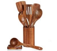 BEWOS Wooden Kitchen Utensils Set of 8 Non-Stick Coating Cooking Spoon & Scratch Protection Spatula with Wooden Spatula, Drainage Stand & Salad Servers Wood, Suitable for Daily Kitchen at Home