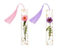 Bewudy Dried Flower Bookmarks with Tassels, Dried Flower Resin Bookmarks Handmade Transparent Floral Dried Flower Page Marker with Colorful Silky Tassel for Women Girls Gift (2pcs Pink)