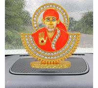 BEXCO Shirdi Sai Baba Gold Plated Metal Idol for Car Dashboard (7cm) - Stone Studded Shirdi Wale Sai Baba Statue for Home Mandir, Office Table, & Gifting - Small Size (Orange & Gold)