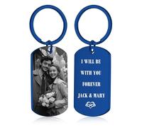 BEXOA Personalised Keyring Photo - Custom Picture Keychain Engraved Text Customised Gifts for Him Men Boyfriend (Engraving Grayscale x - Blue)